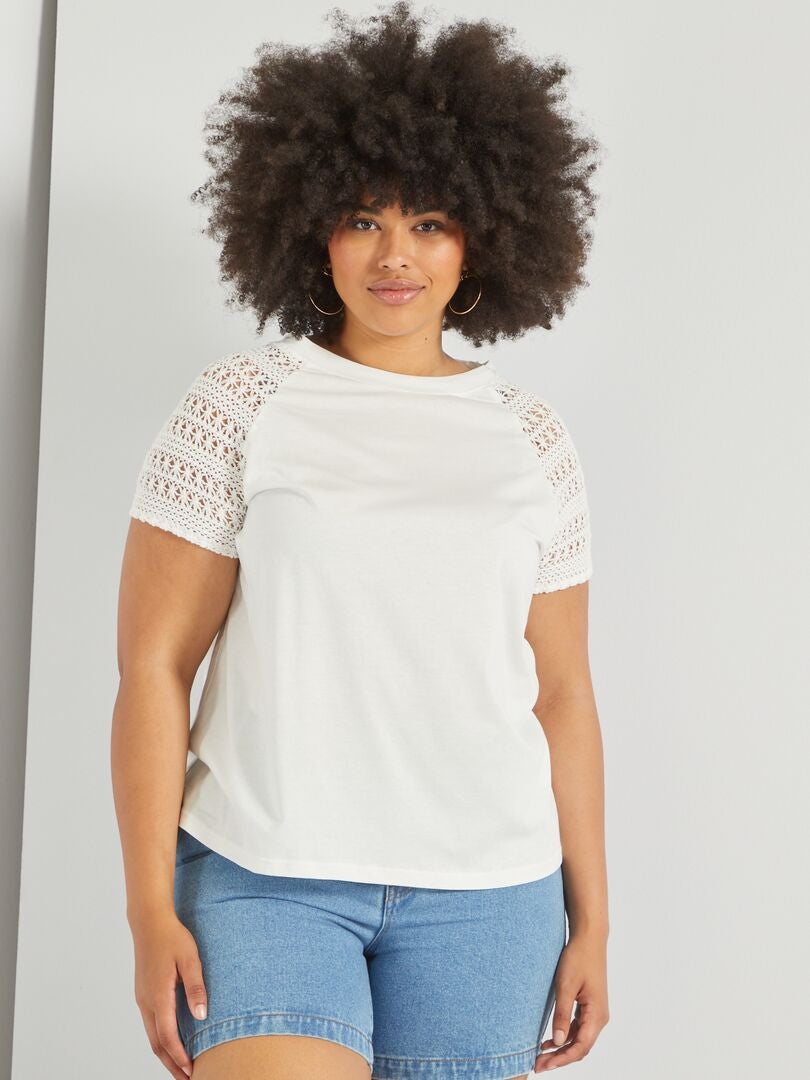 T-shirt avec manches en broderies anglaises blanc - Kiabi