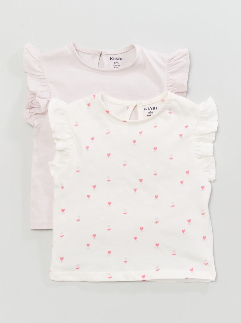 T-shirt avec manches volantées - 2 pièces Violet/blanc - Kiabi
