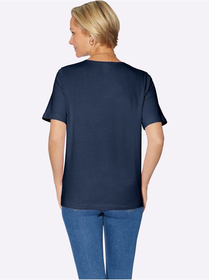 T shirt avec passepoil satin brillant col rond et manches courtes - Taille standard - Witt Bleu foncé - Kiabi