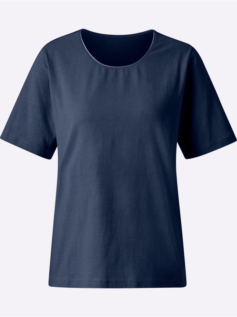 T shirt avec passepoil satin brillant col rond et manches courtes - Taille standard - Witt Bleu foncé - Kiabi