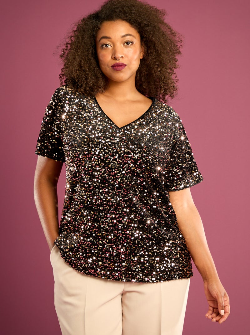 T-shirt avec sequins all-over manches courtes Jaune Grandes