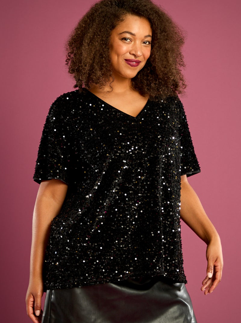 T-shirt avec sequins all-over manches courtes Noir - Kiabi