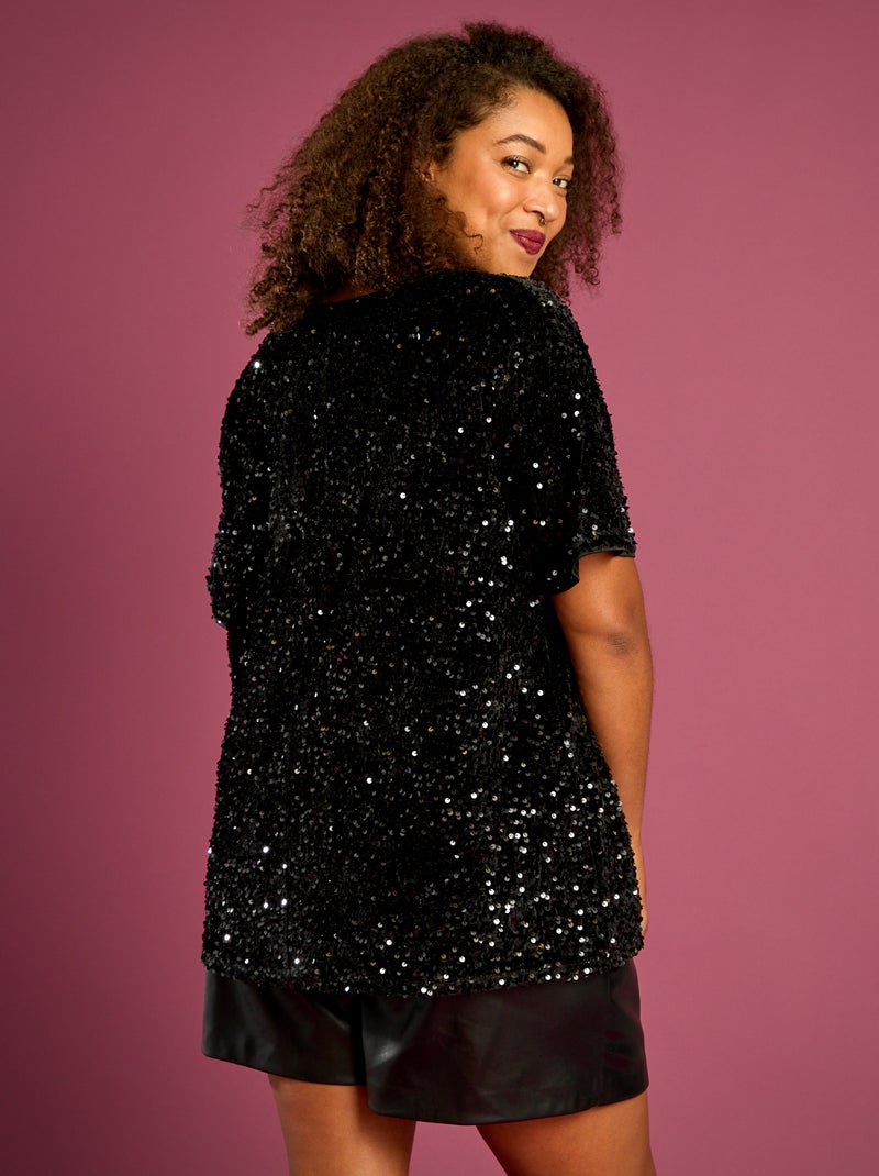 T-shirt avec sequins all-over manches courtes Noir - Kiabi