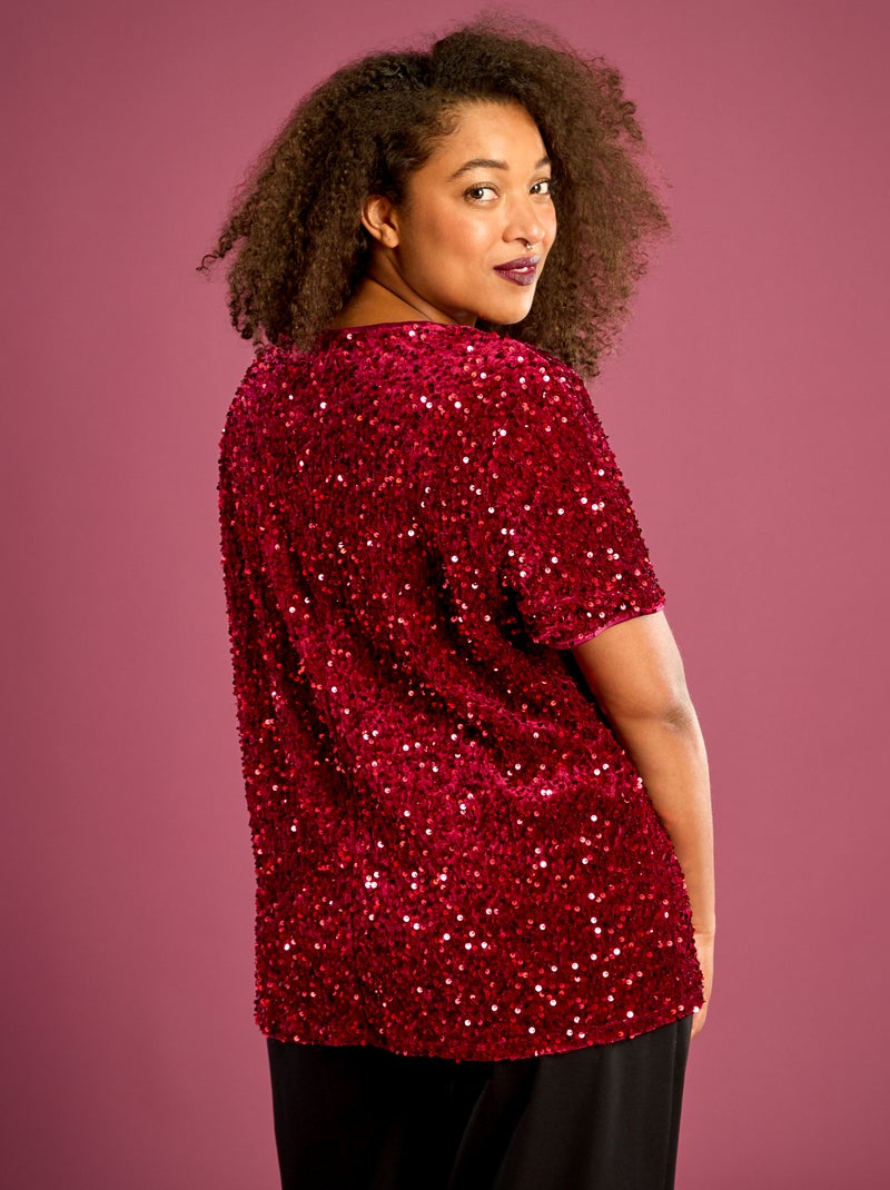 T-shirt avec sequins all-over manches courtes Rouge - Kiabi