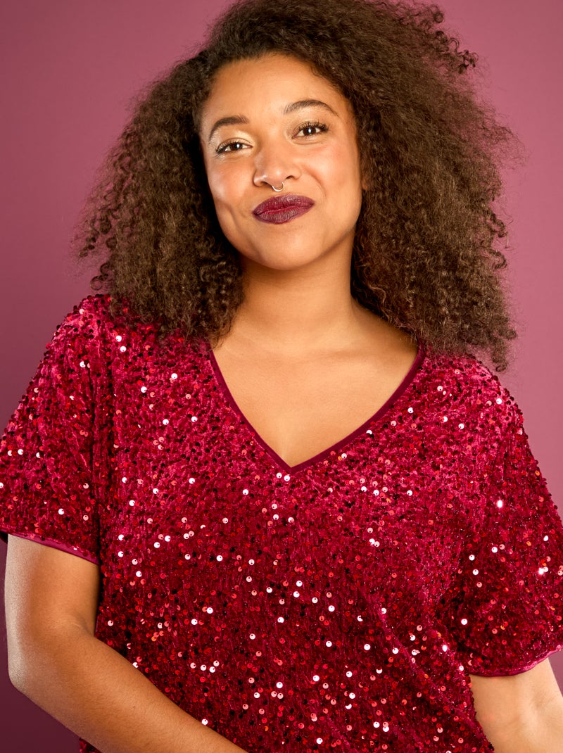 T-shirt avec sequins all-over manches courtes Rouge - Kiabi
