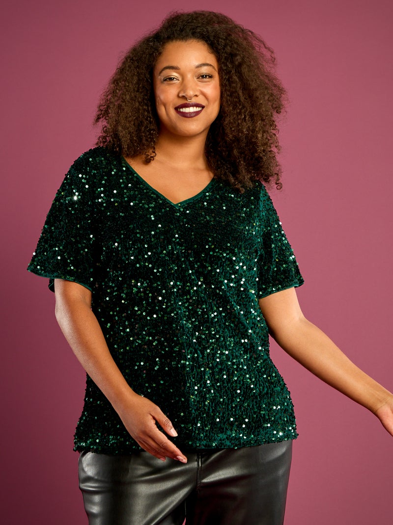 T-shirt avec sequins all-over manches courtes Vert - Kiabi