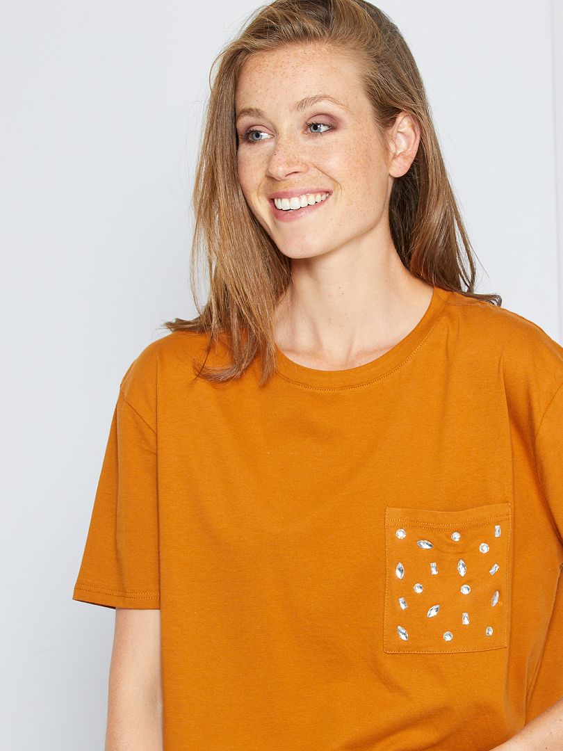 T-shirt avec strass marron - Kiabi