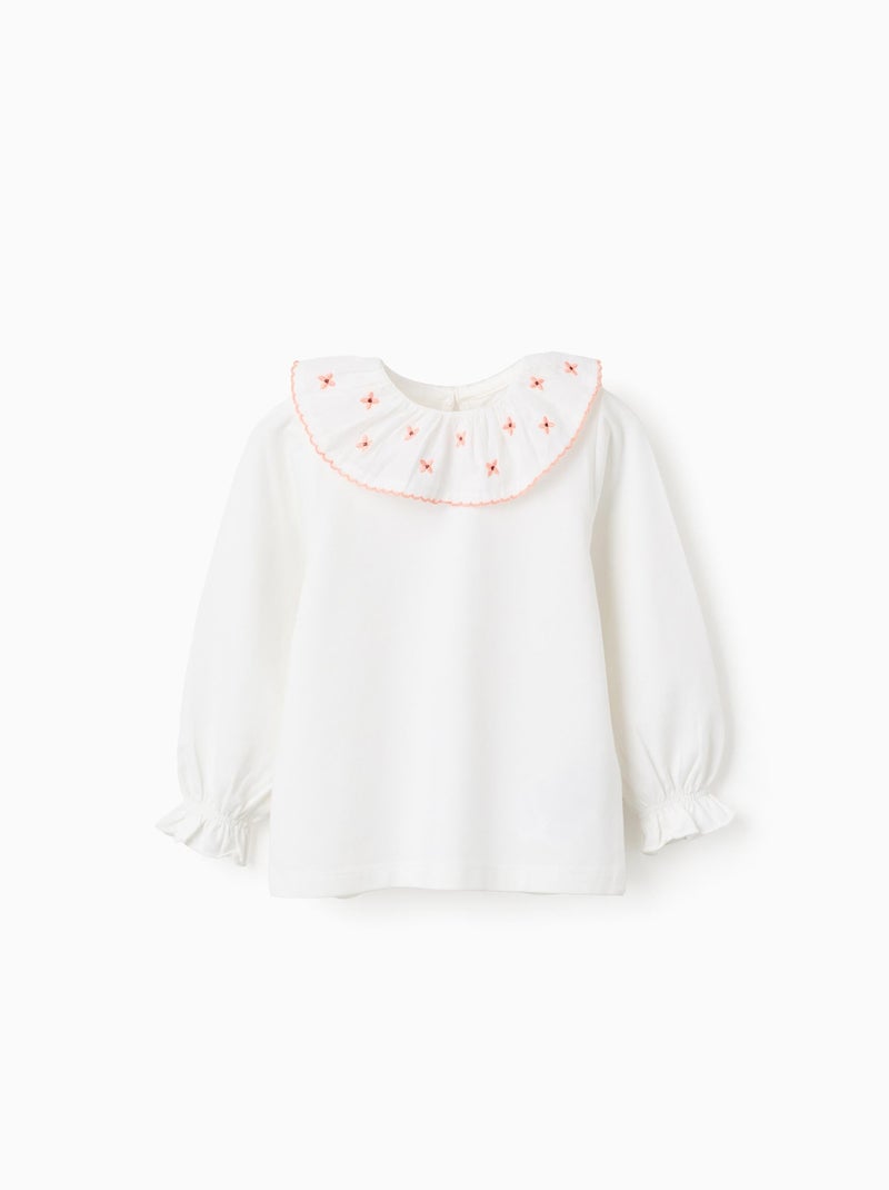 T-Shirt avec Volants et Broderie de Fleurs Blanc - Kiabi