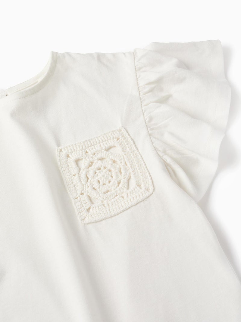 T-shirt avec Volants et Poche en Crochet Blanc - Kiabi