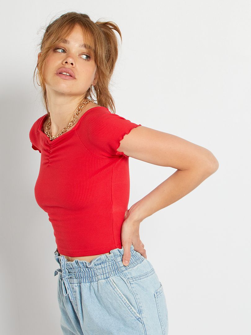 T-shirt bardot rouge - Kiabi
