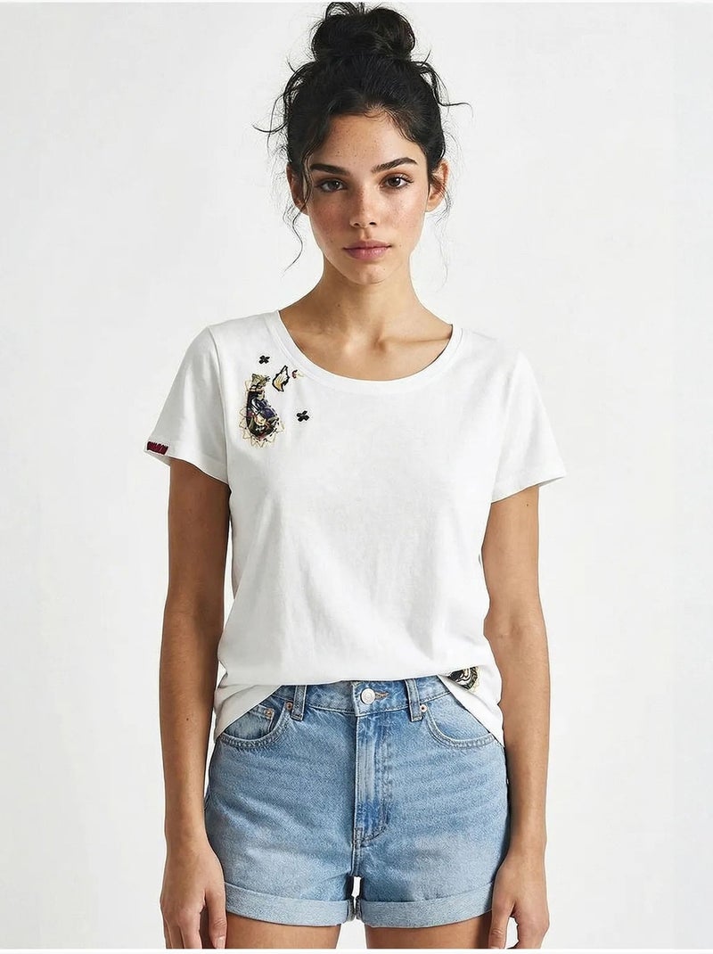 T-shirt basique à col en u brodé lucci Blanc - Kiabi