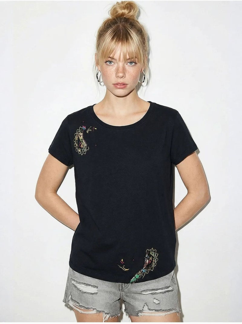 T-shirt basique à col en u brodé lucci Noir - Kiabi