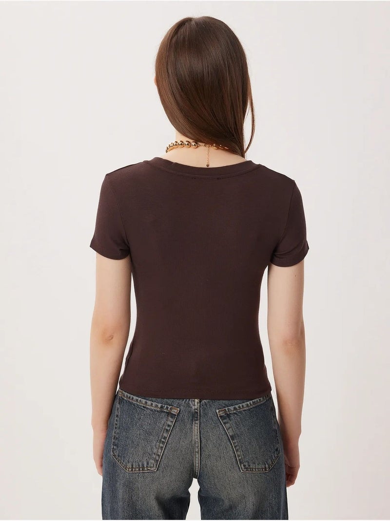 T-shirt basique à col en v et coupe ajustée istanbul Marron chocolat - Kiabi