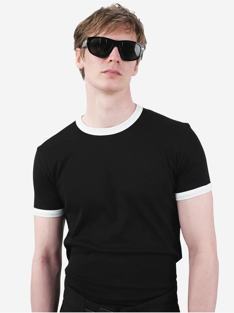T-shirt basique à col rond avec bordure contrastée giesto Noir - Kiabi
