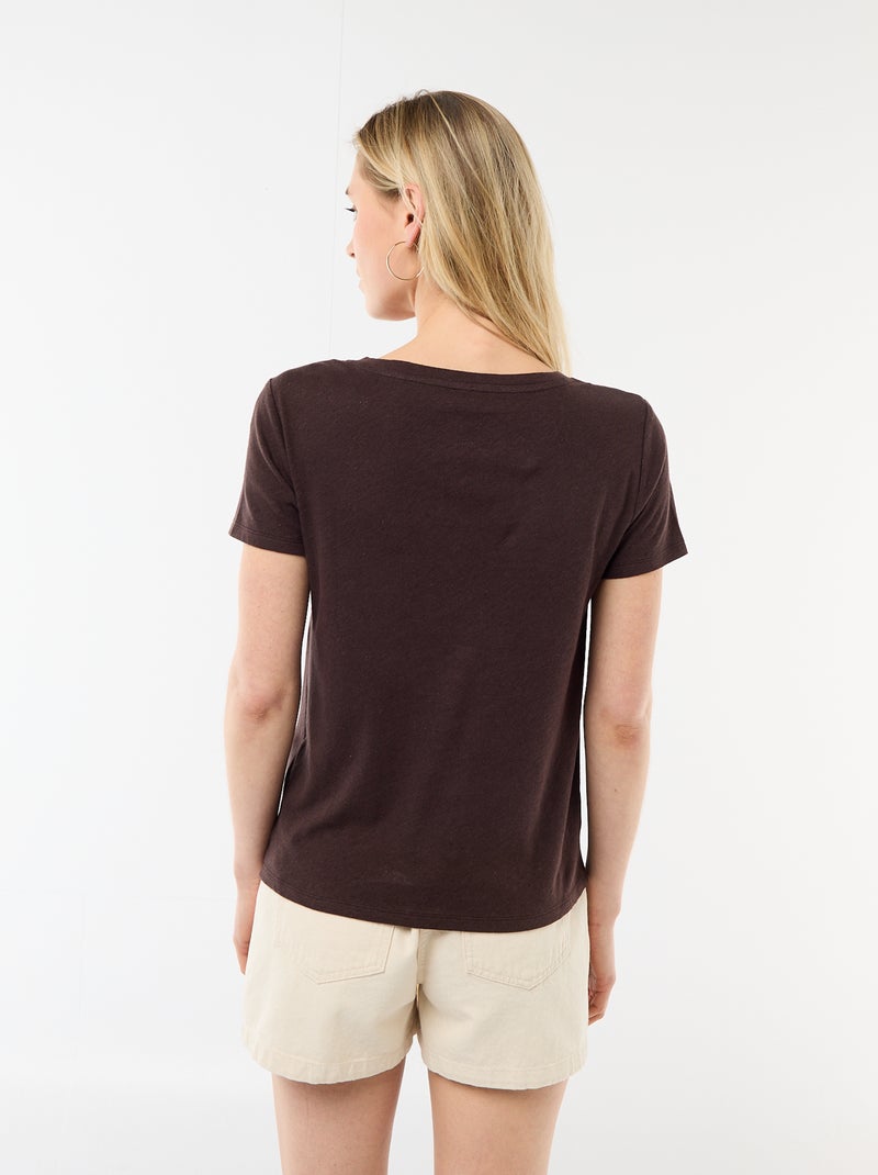 T-shirt basique à manches courtes col V Marron - Kiabi