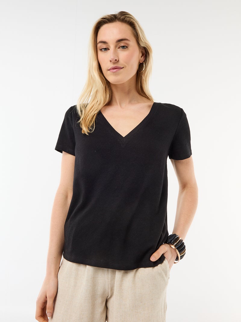 T-shirt basique à manches courtes col V Noir - Kiabi