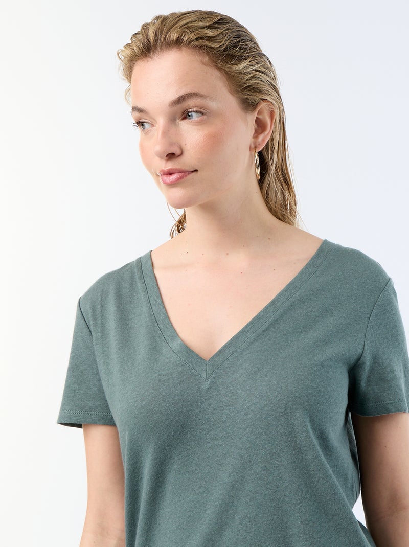 T-shirt basique à manches courtes col V Vert - Kiabi