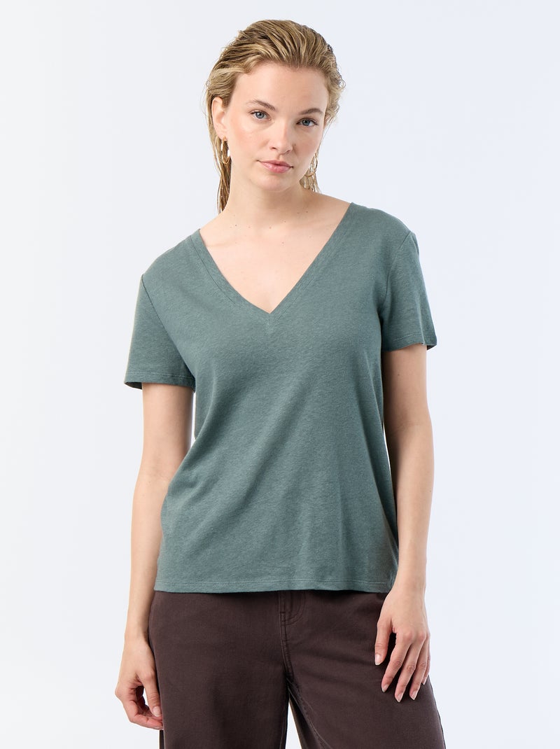 T-shirt basique à manches courtes col V Vert - Kiabi