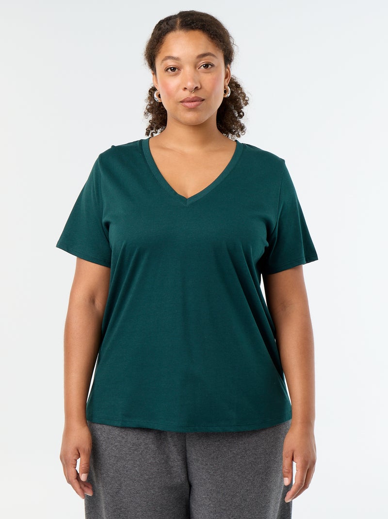 T-shirt basique à manches courtes et col V Vert - Kiabi