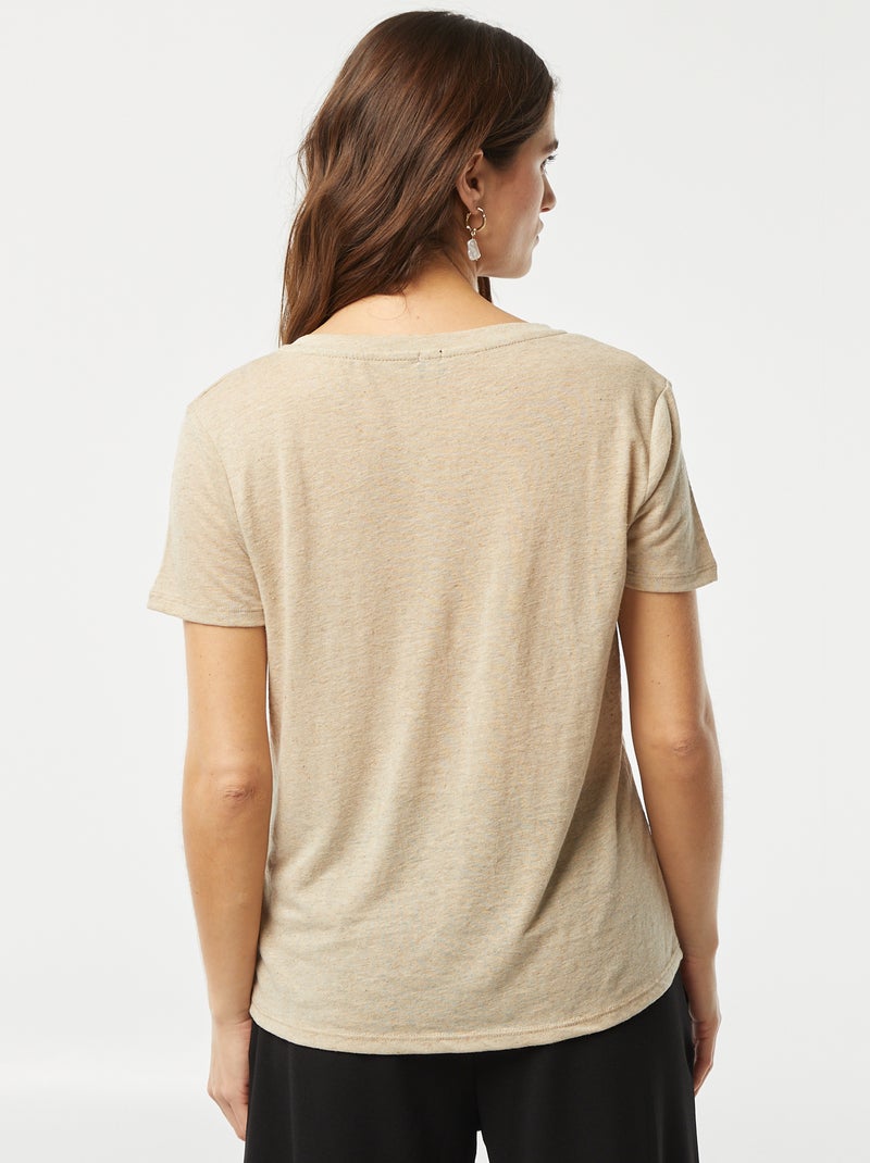T-shirt basique col V en lin mélangé Beige - Kiabi