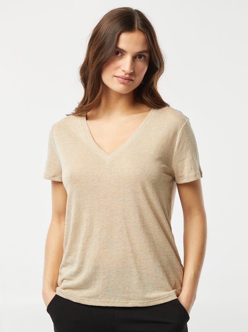 T-shirt basique col V en lin mélangé Beige - Kiabi