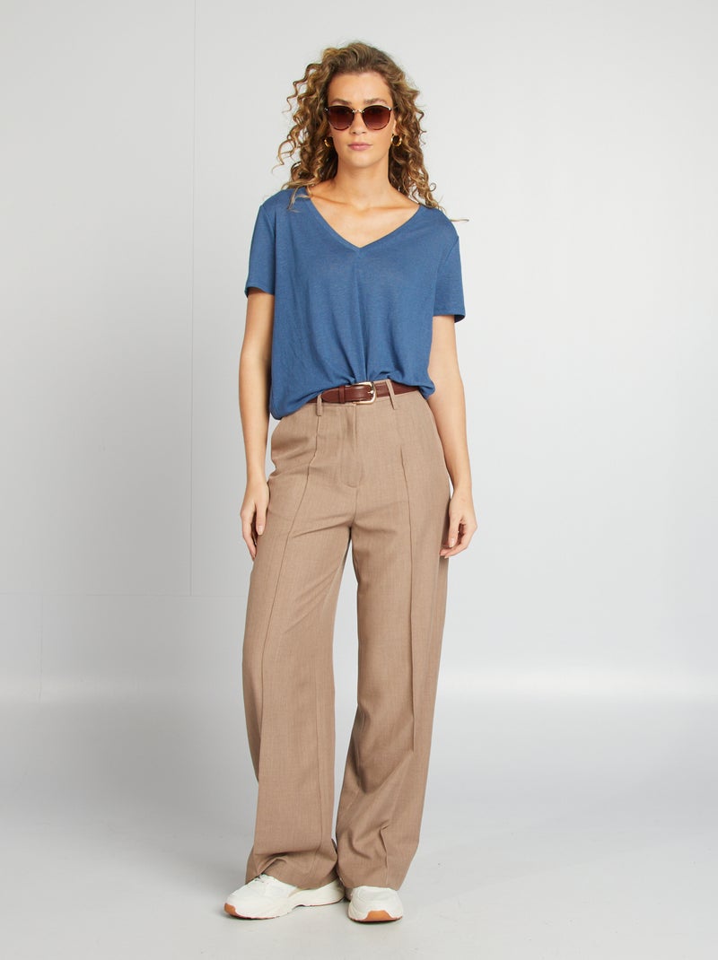 T-shirt basique col V en lin mélangé Bleu - Kiabi