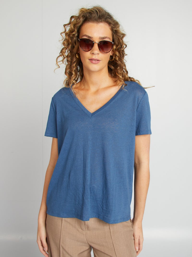 T-shirt basique col V en lin mélangé Bleu - Kiabi