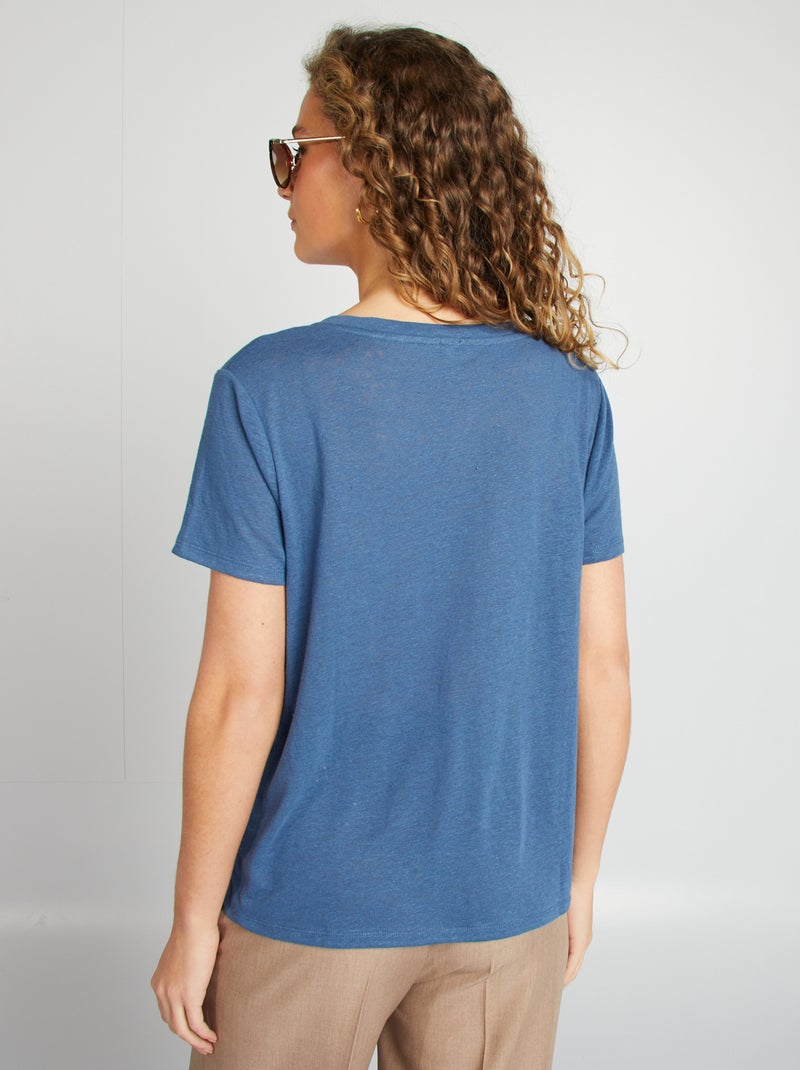 T-shirt basique col V en lin mélangé Bleu - Kiabi