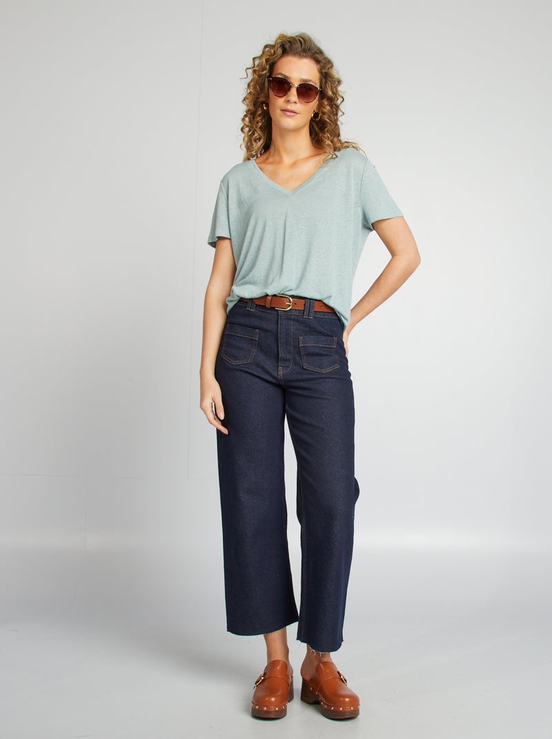 T-shirt basique col V en lin mélangé Bleu glacier - Kiabi