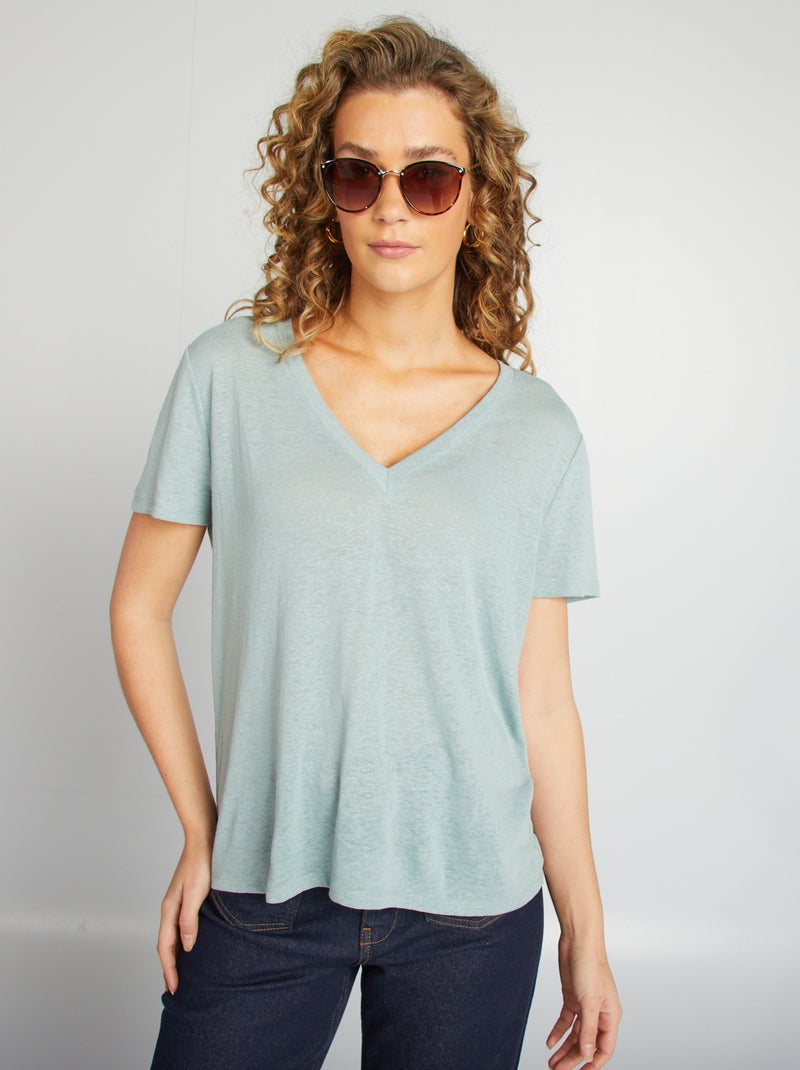 T-shirt basique col V en lin mélangé Bleu glacier - Kiabi