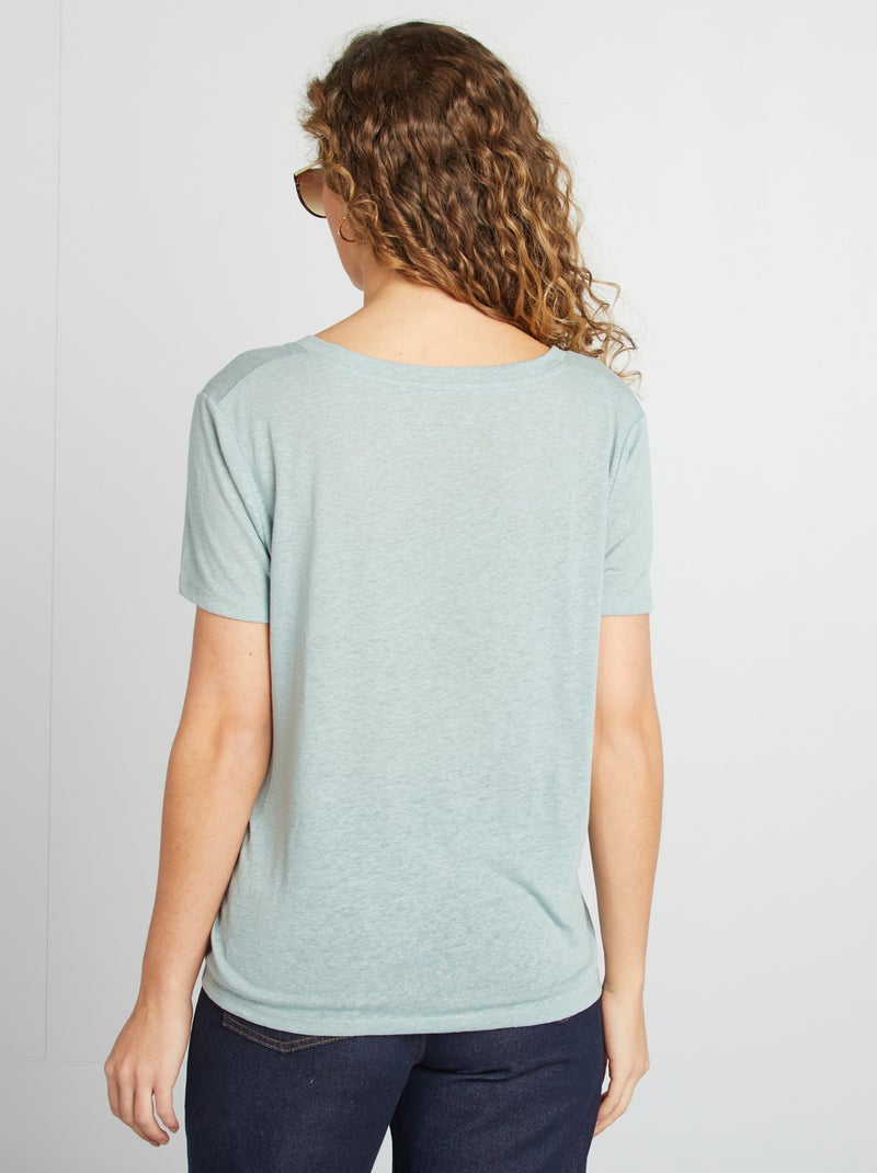 T-shirt basique col V en lin mélangé Bleu glacier - Kiabi