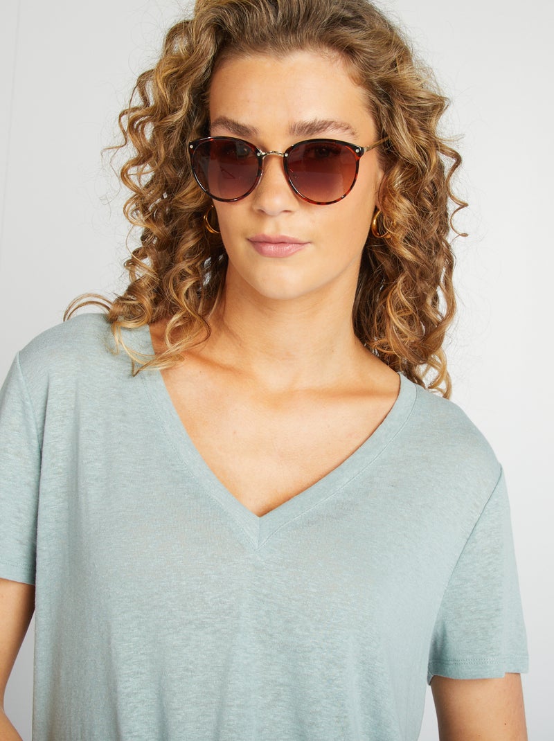 T-shirt basique col V en lin mélangé Bleu glacier - Kiabi