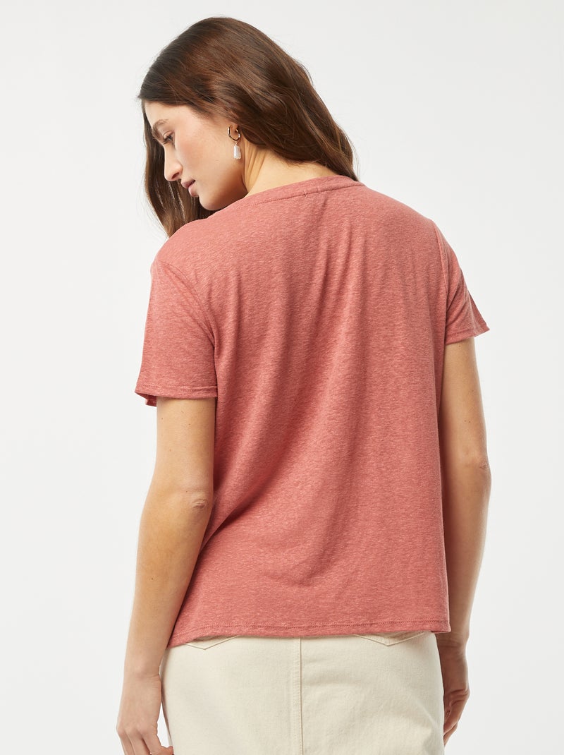 T-shirt basique col V en lin mélangé Rose - Kiabi