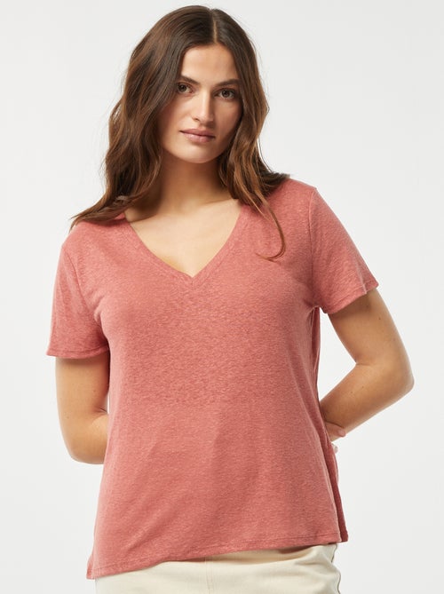 T-shirt basique col V en lin mélangé - Kiabi