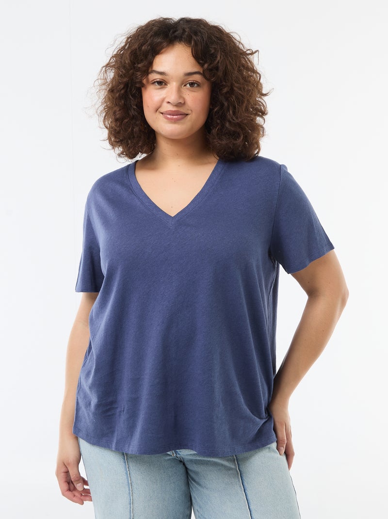 T-shirt basique col V et manches courtes Bleu - Kiabi