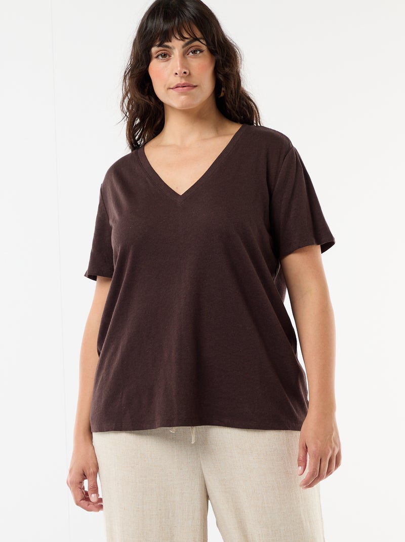 T-shirt basique col V et manches courtes Marron - Kiabi