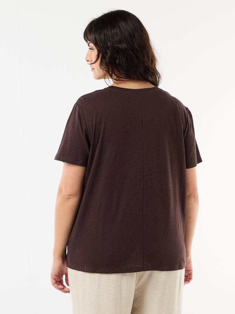T-shirt basique col V et manches courtes Marron - Kiabi