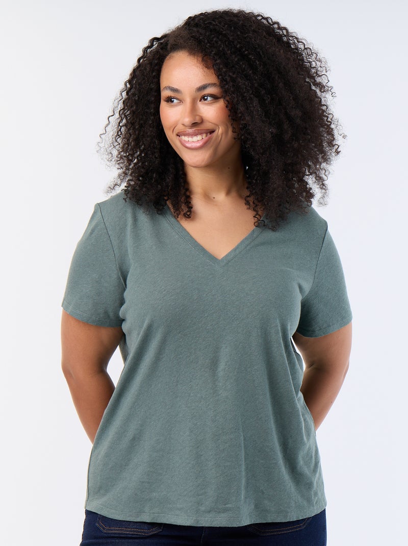 T-shirt basique col V et manches courtes Vert - Kiabi