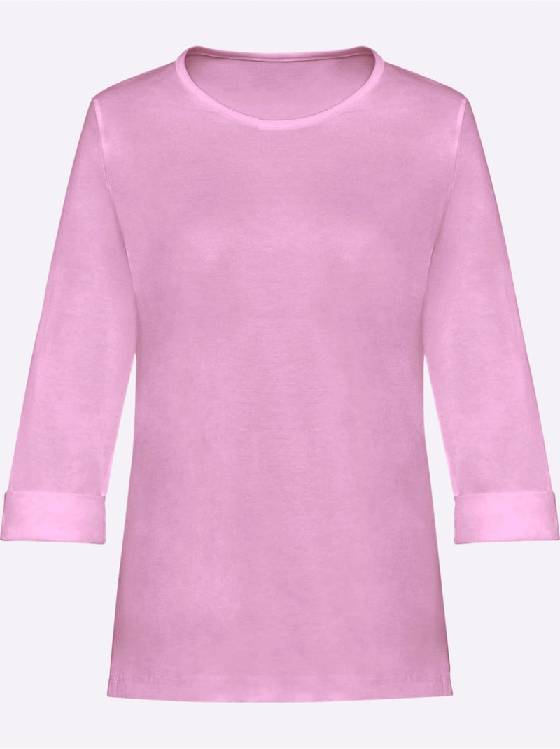 T-shirt basique en coton à col rond et manches 3/4 - taille standard - moda vilona Rose - Kiabi