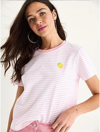 T-shirt basique en coton rayé avec broderie citron lucci