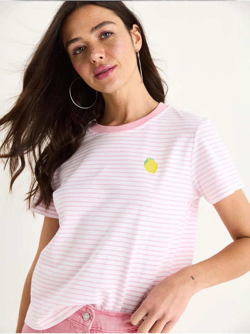 T-shirt basique en coton rayé avec broderie citron lucci Rose fluo/Solinotes - Kiabi
