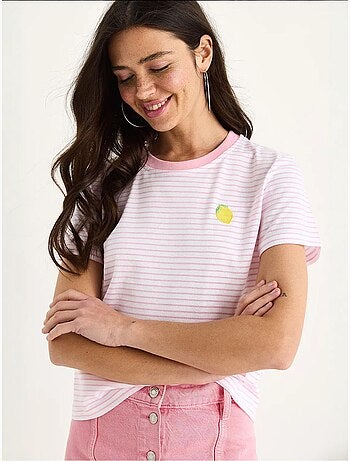 T-shirt basique en coton rayé bianco avec broderie citron lucci