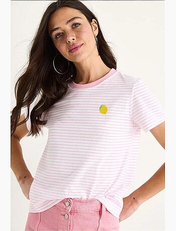 T-shirt basique en coton rayé bianco avec broderie citron lucci