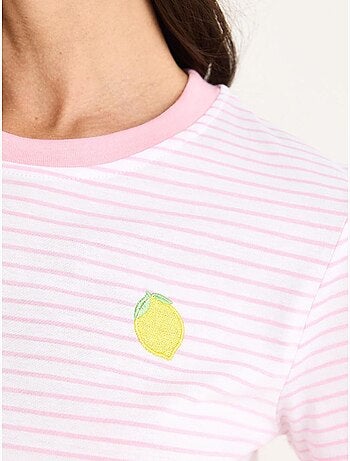T-shirt basique en coton rayé bianco avec broderie citron lucci
