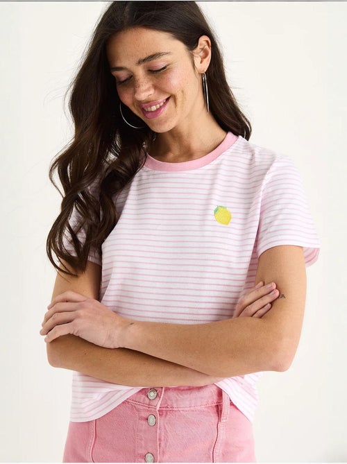 T-shirt basique en coton rayé bianco avec broderie citron lucci - Kiabi T-shirt basique en coton rayé bianco avec broderie citron lucci - Kiabi