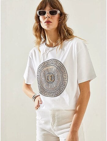 T-shirt basique en jersey à col ras du cou bianco avec détails en pierre lucci