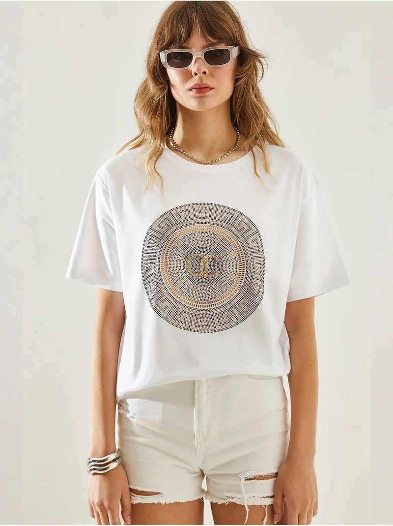T-shirt basique en jersey à col ras du cou bianco avec détails en pierre lucci Blanc - Kiabi