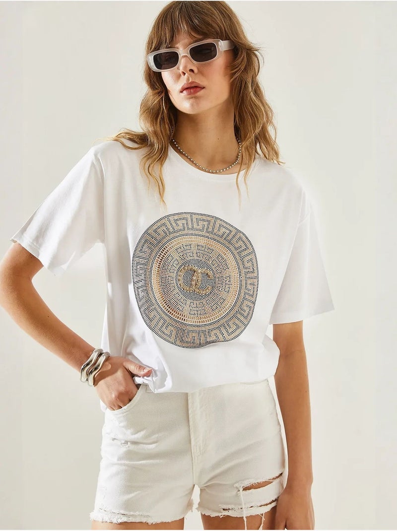 T-shirt basique en jersey à col ras du cou bianco avec détails en pierre lucci Blanc - Kiabi