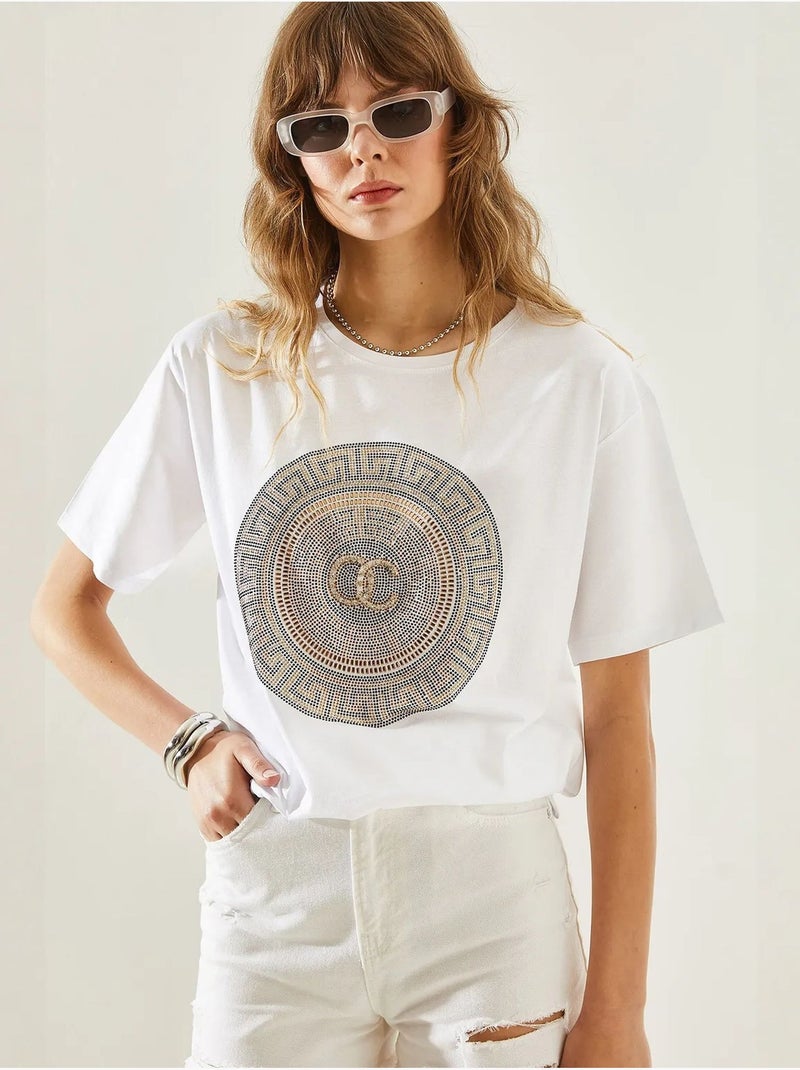 T-shirt basique en jersey à col ras du cou bianco avec détails en pierre lucci Blanc - Kiabi