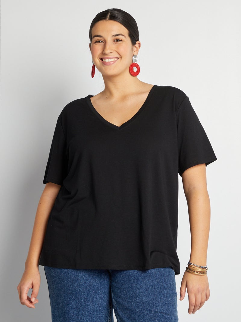 T-shirt basique uni col V noir - Kiabi